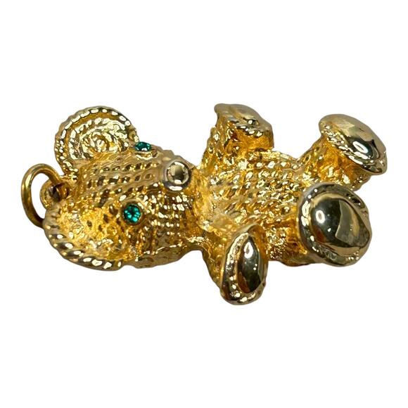 Vintage Teddy Bear Gold Tone Green Eyes Pendant - Picture 3 of 5